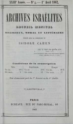 Archives israélites de France. Vol.23 N°04 (aril 1862)